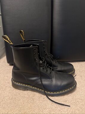 Dr. Martens Black Leather Lace-Up Boots with Yellow Stitching